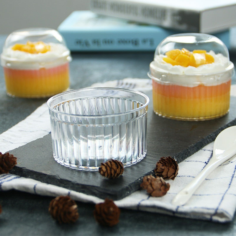 Bakewareindia Transparent Round Ramekin Mousse Cups with Lids, Dessert Cups, Pudding Cups Mini Parfait Cups (Pack of 10)