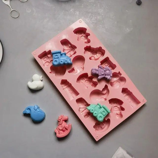 Bakewareind Girl Train Rocking Horse Dolphin Duck Lighthouse Silicone Mould,15 cavity