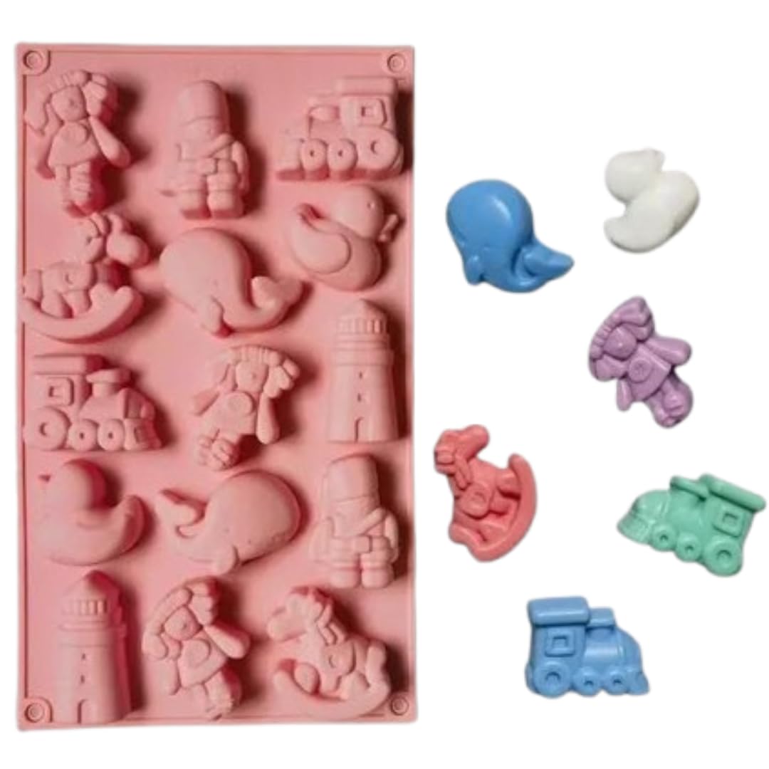 Bakewareind Girl Train Rocking Horse Dolphin Duck Lighthouse Silicone Mould,15 cavity