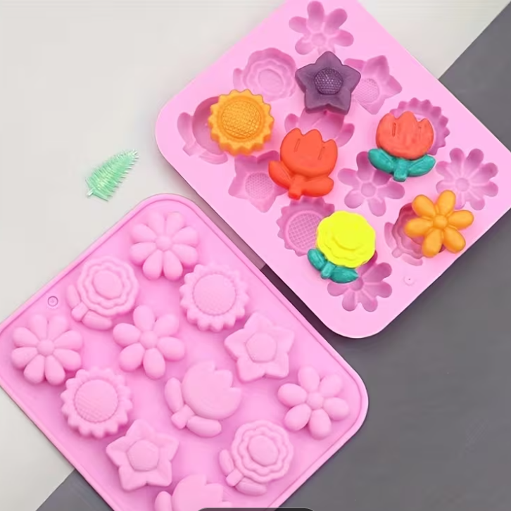 Bakewareind Assorted Daisy Sunflower Tulip Flower Silicone Fondant Chocolate Mould, 12 Cavity