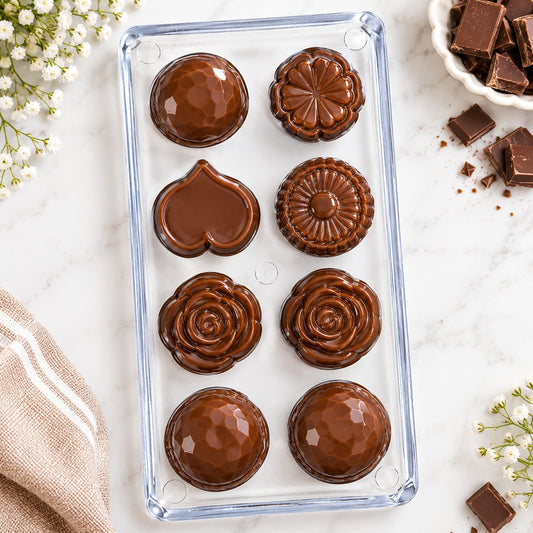 Bakewareind Assorted Pattern Rose, Flower, Heart & Geometry Design Polycarbonate Chocolate Mould, 8 Cavity
