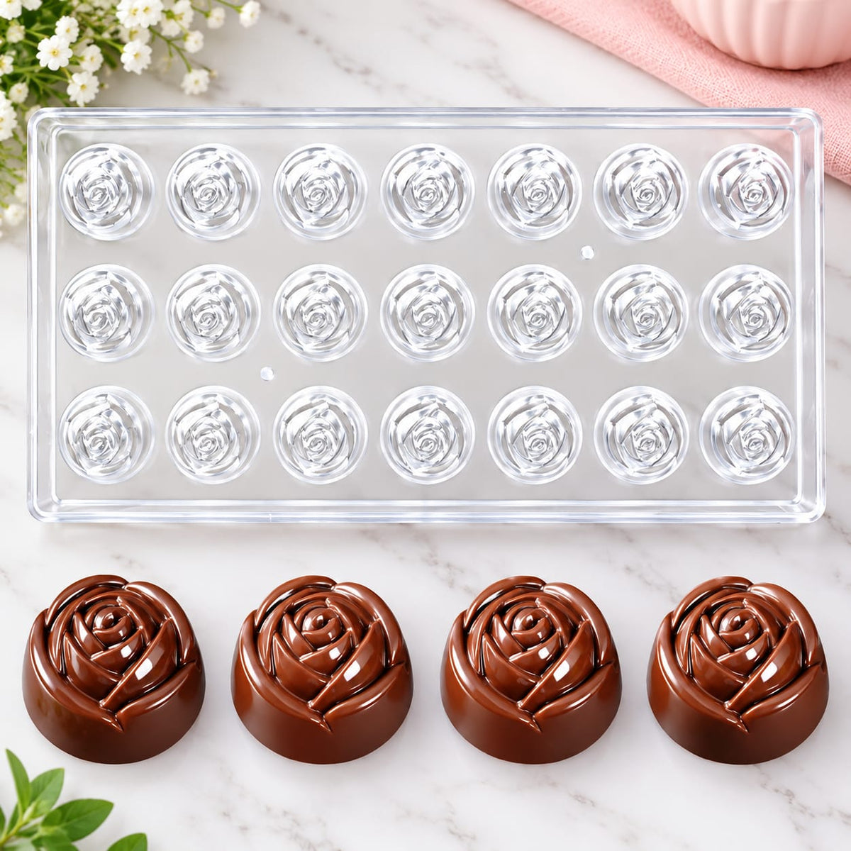 Bakewareind 3D Rose Polycarbonate Chocolate Mould, 21 cavity