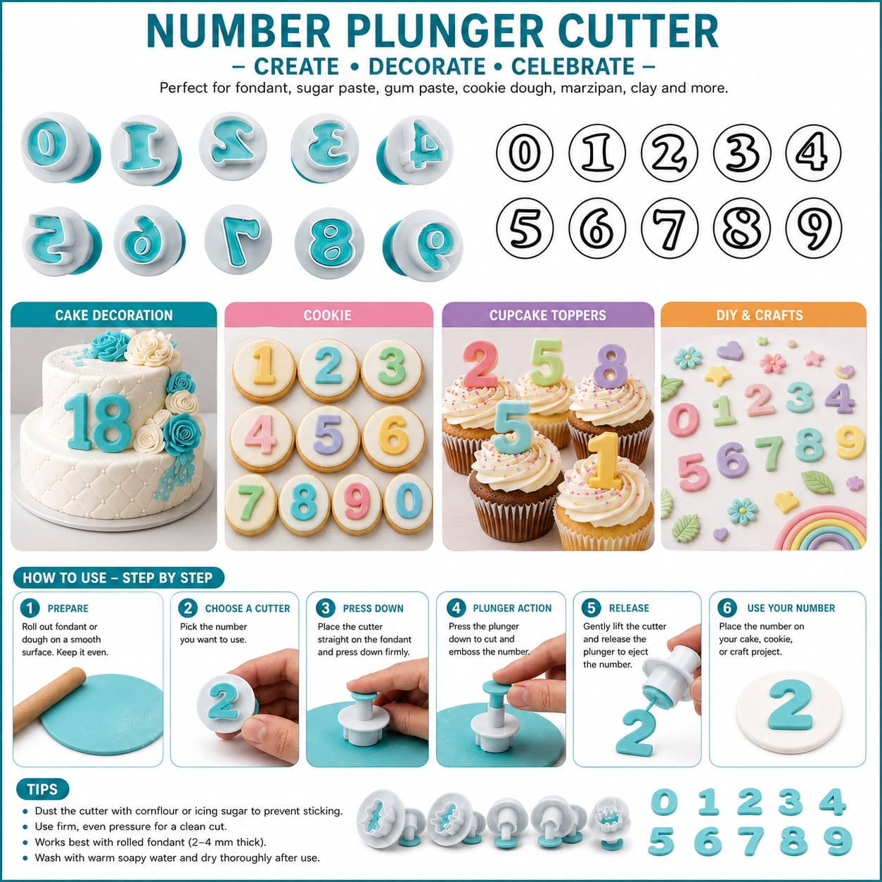 Bakewareind Number Fondant Plunger Cutter Set (0–9)