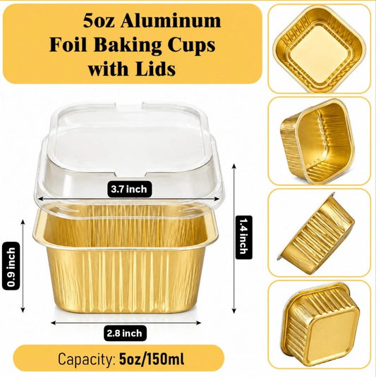 Bakewareind Gold Square Baking Mousse Cake Cups Foil Containers with Lid ,25 BOXES
