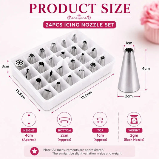 Bakewareind 24 PCS Stainless Steel Cake Icing Nozzle Set - Bakeware India