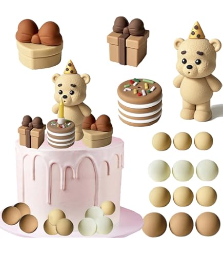 Bakewareind Cute Brown Bear With Party Hat Decoration Cake Topper, Pack of 9pcs - Bakeware India