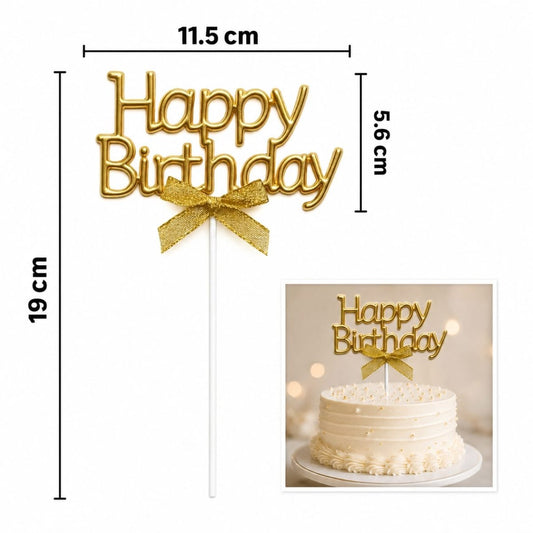 Bakewareind Golden Happy Birthday Bow Cake Topper - Bakeware India