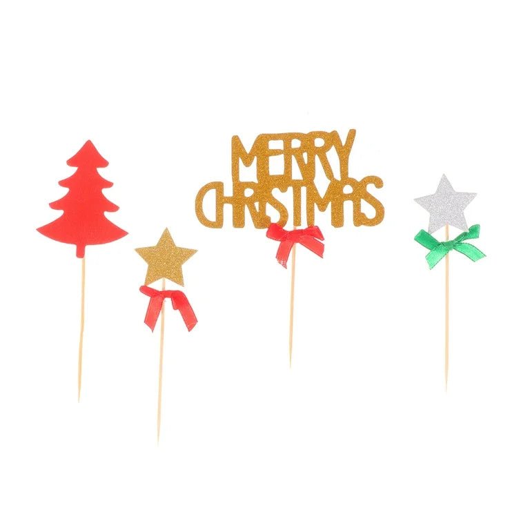 Bakewareind Merry Christmas Tree Star Cake Decoration Cake Topper, 4pcs (Select color) - Bakeware India