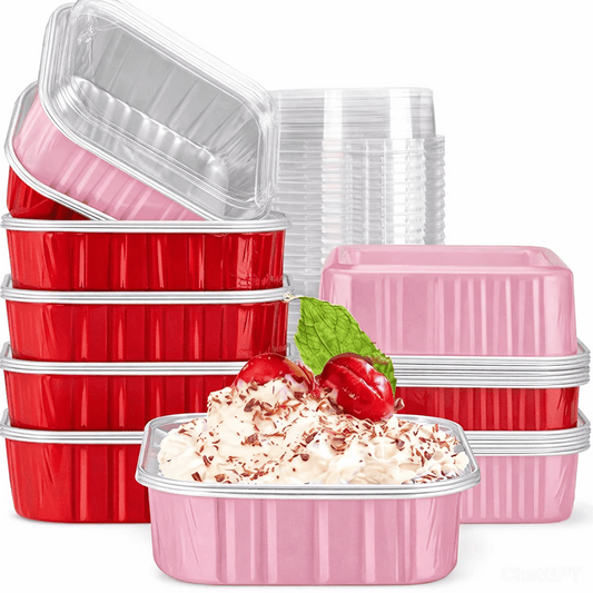 Bakewareind Pink Square Baking Mousse Cake Cups Aluminum Foil with Lid Disposable Reusable,25 BOXES - Bakeware India