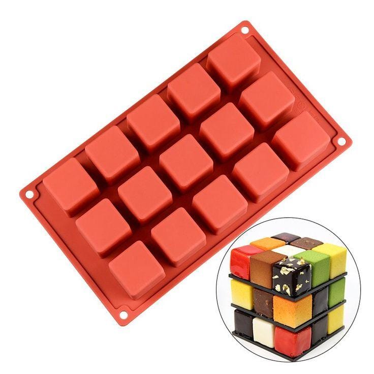 Bakewareind Square Mousse Cube Silicone Cake Mould, 15 cavity - Bakeware India