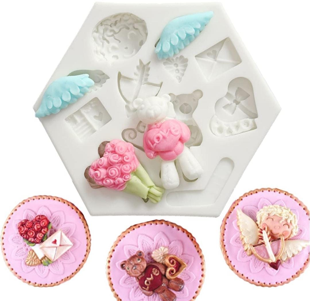 Bakewareind Valentine Teddy Bear Gift Roses Cupid Angel Fondant Silicone Mould - Bakeware India