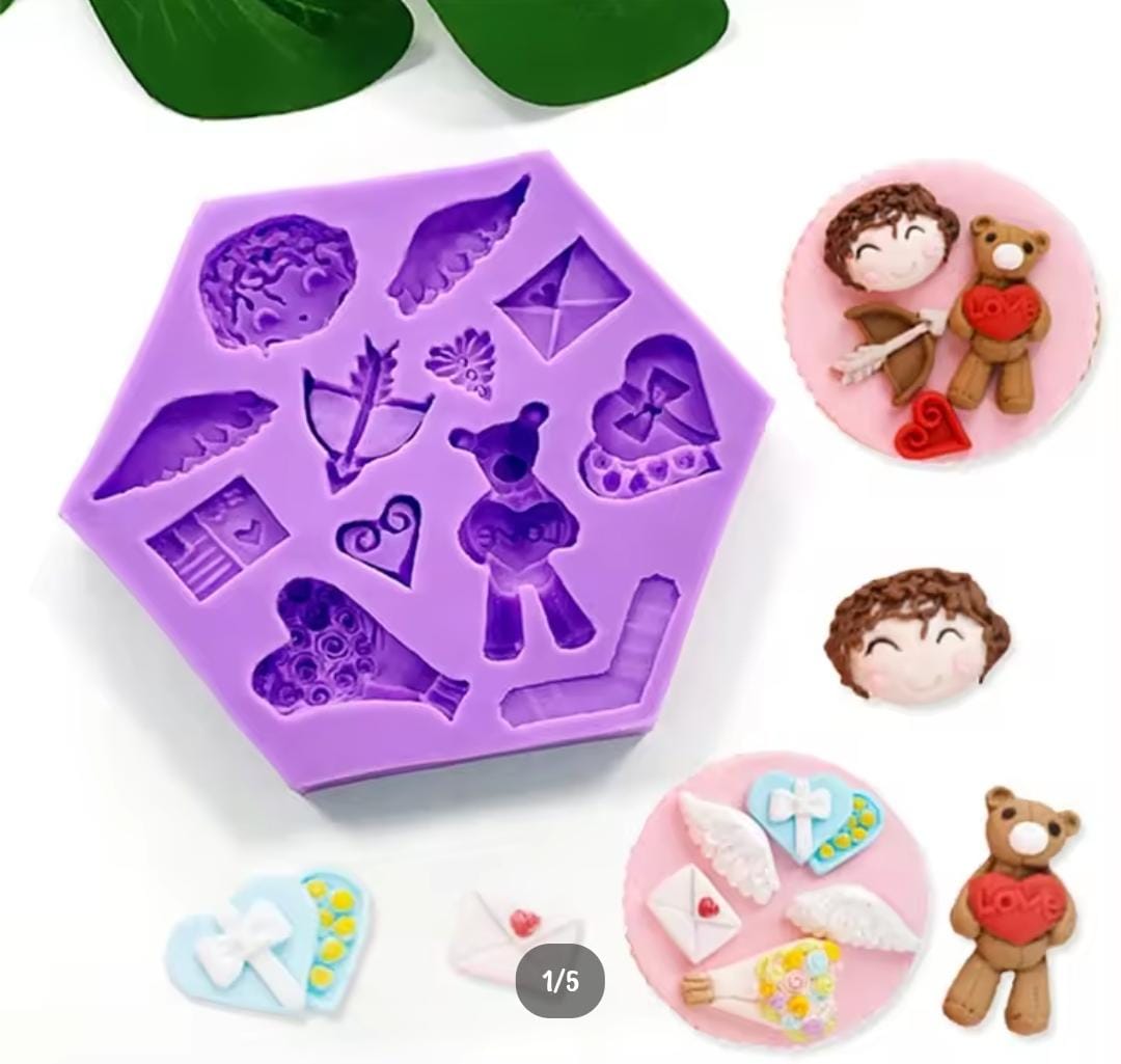 Bakewareind Valentine Teddy Bear Gift Roses Cupid Angel Fondant Silicone Mould - Bakeware India