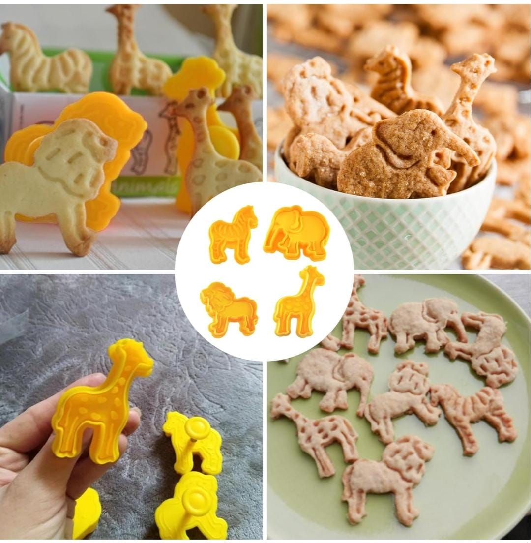 Bakewareind Zoo Animal Lion, Elephant, Zebra & Giraffe Cookie Plunger ,4pc - Bakeware India