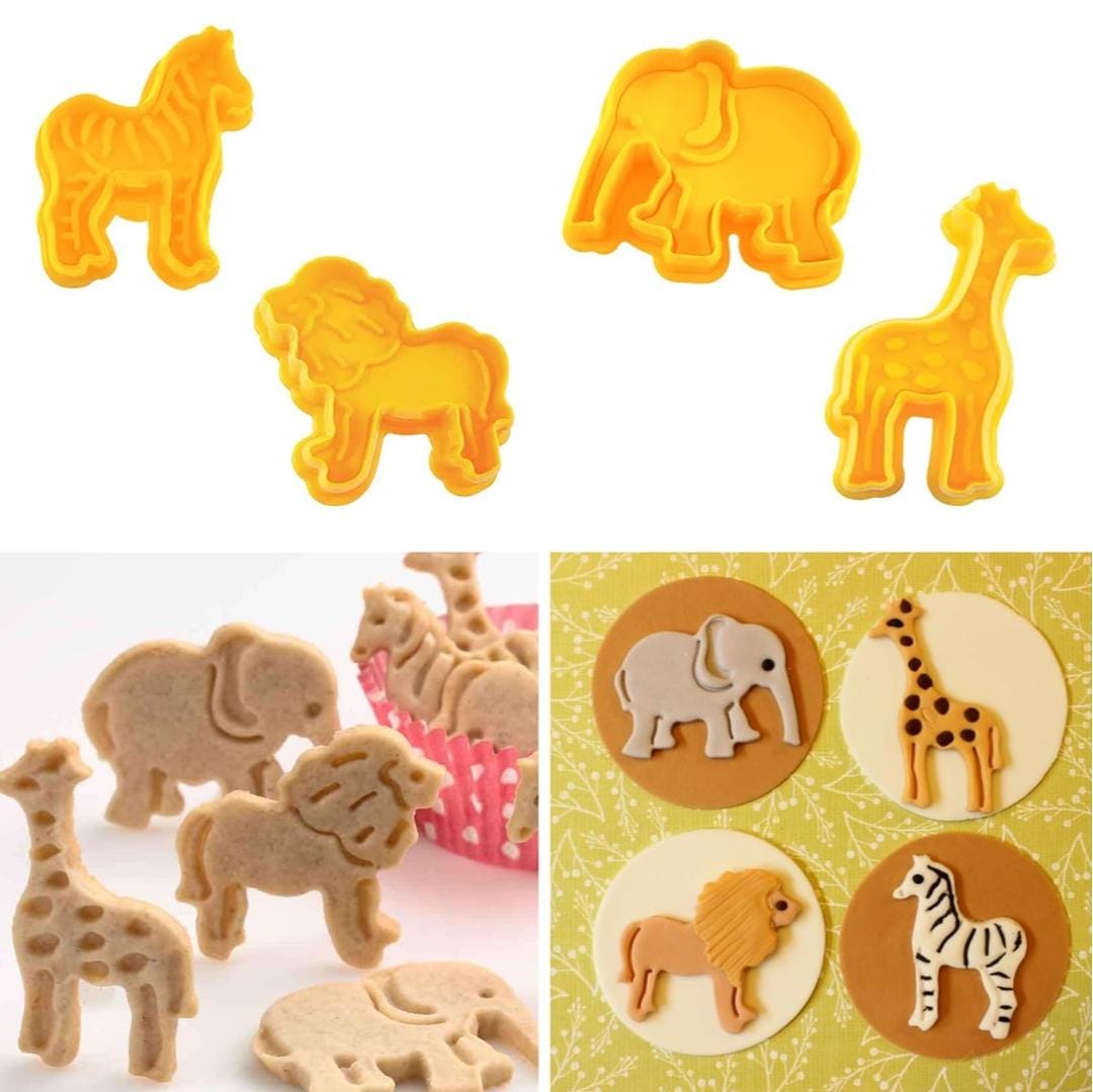 Bakewareind Zoo Animal Lion, Elephant, Zebra & Giraffe Cookie Plunger ,4pc - Bakeware India