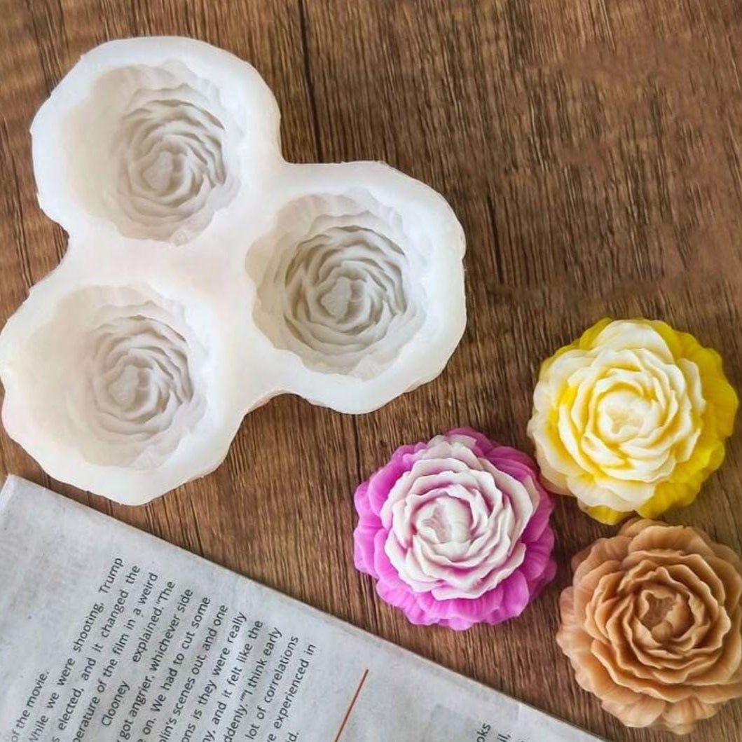 Lyba Moulds 3D Rose Peony Flower Candle Silicone Mould, 3 Cavity - Bakeware India