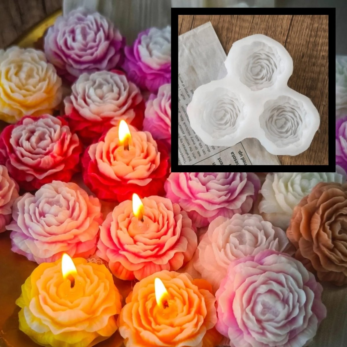 Lyba Moulds 3D Rose Peony Flower Candle Silicone Mould, 3 Cavity - Bakeware India