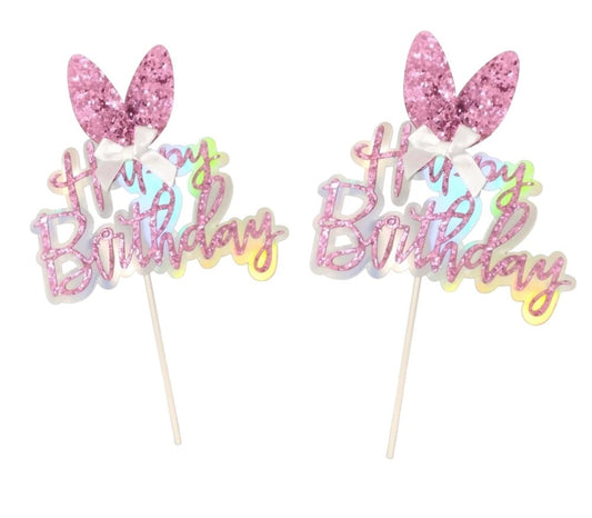 Bakewareind Bunny Ears Happy Birthday Glitter Cake Topper 2pcs - Bakewareindia