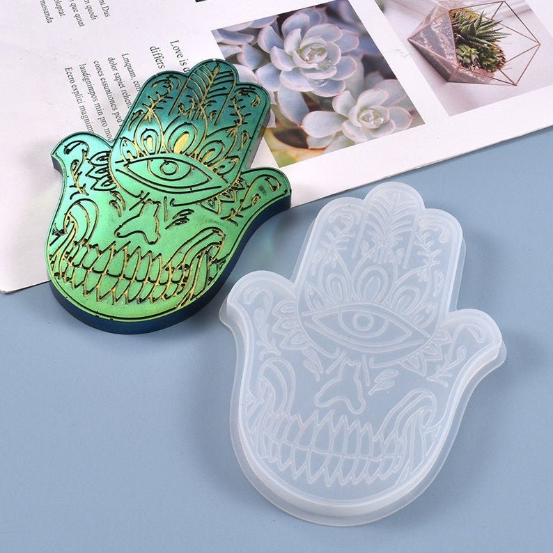 Lyba Moulds Hamsa Hand Evil Eye Tray Coaster Resin Epoxy Silicone Mould - Bakewareindia
