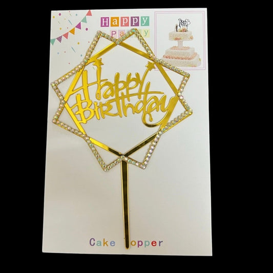 Rhinestone Happy Birthday Hexagon Cake Topper, Golden - Bakewareindia
