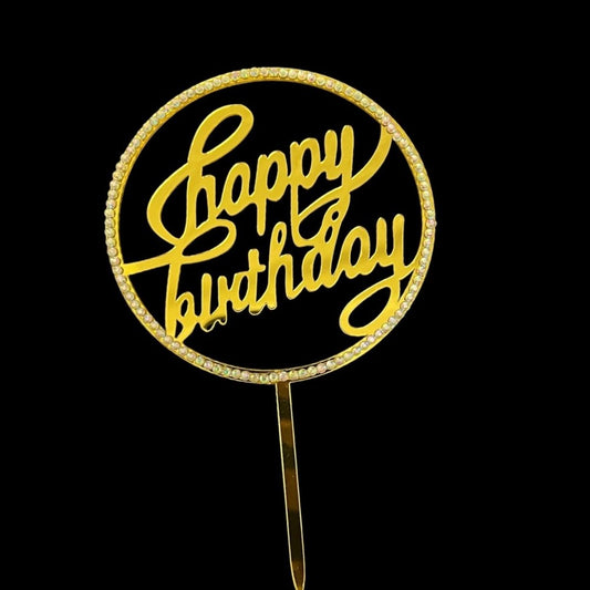 Rhinestone Round Happy Birthday Cake Topper,Golden - Bakewareindia