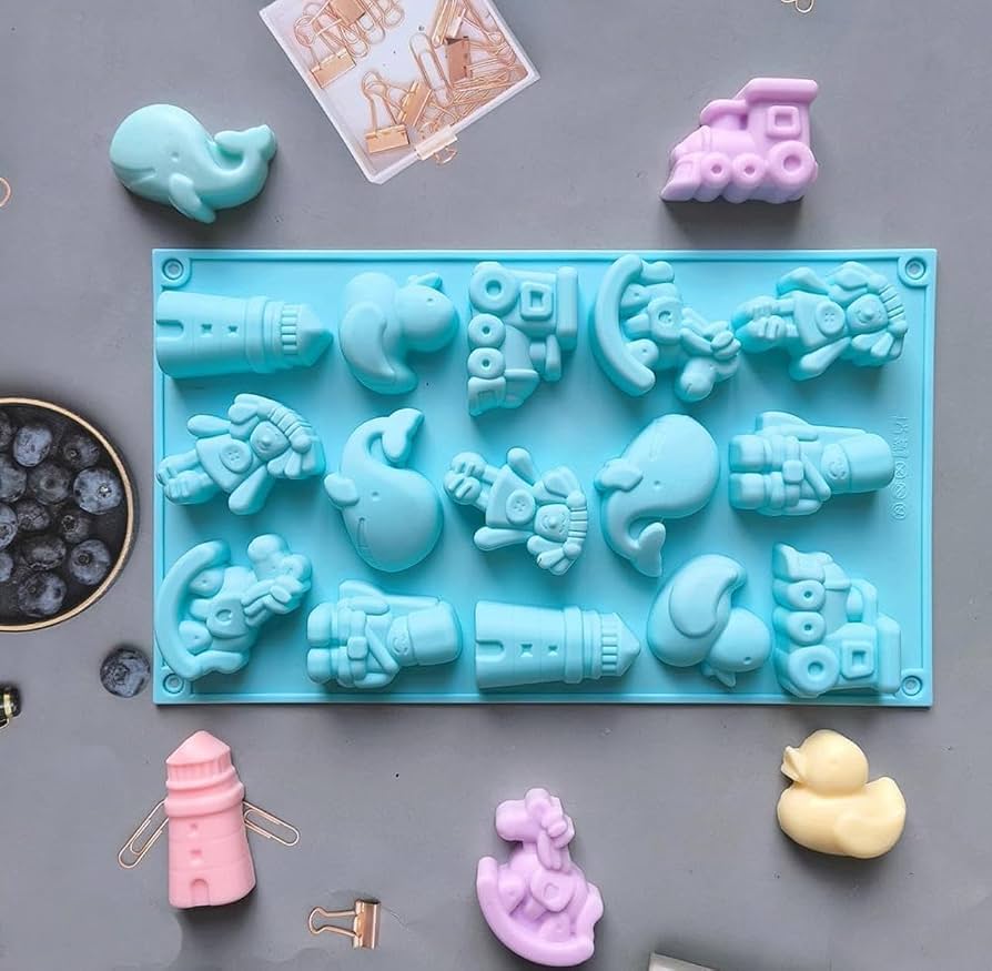 Bakewareind Girl Train Rocking Horse Dolphin Duck Lighthouse Silicone Mould,15 cavity