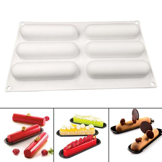 Bakewareind Elliptical Eclair Mould Mousse Cake, Soap Bar Making Mould, 6-Cavity