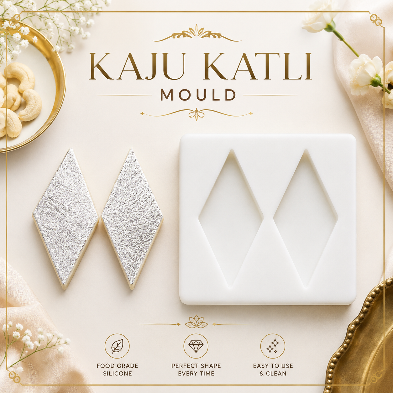 Lyba Moulds Kaju Katli Mithai Silicone Mould,2cavity
