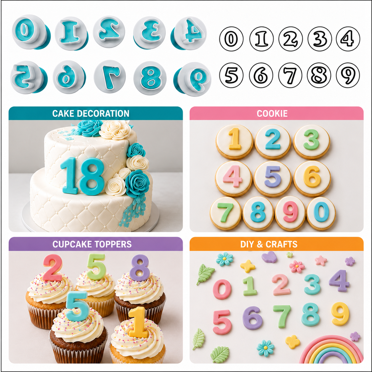 Bakewareind Number Fondant Plunger Cutter Set (0–9)