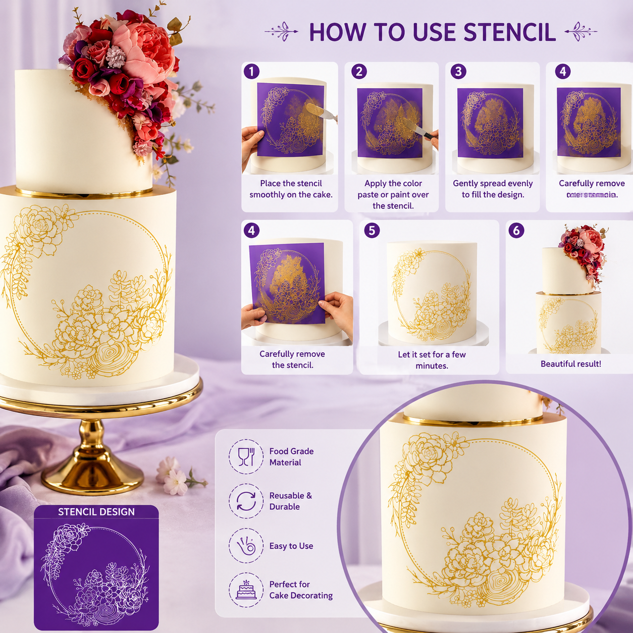 Bakewareind Frame Wreath Flower Reusable Fabric Mesh Cake Decorating Stencil