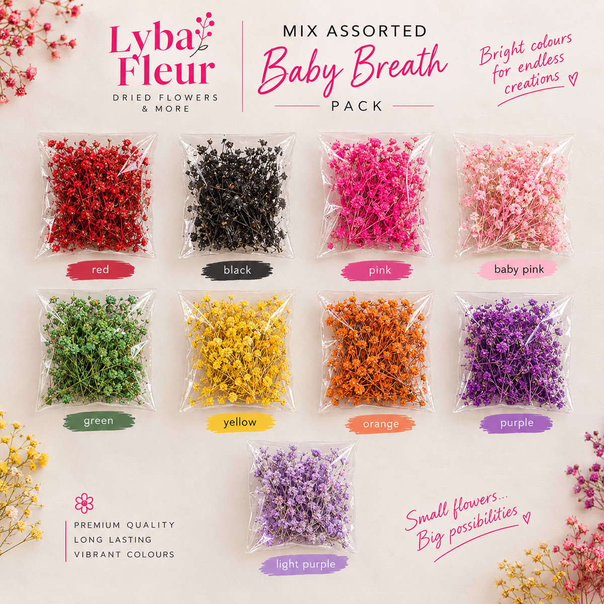Bakewareind Baby Breath Dried Flower Pack, [ Select Color ]