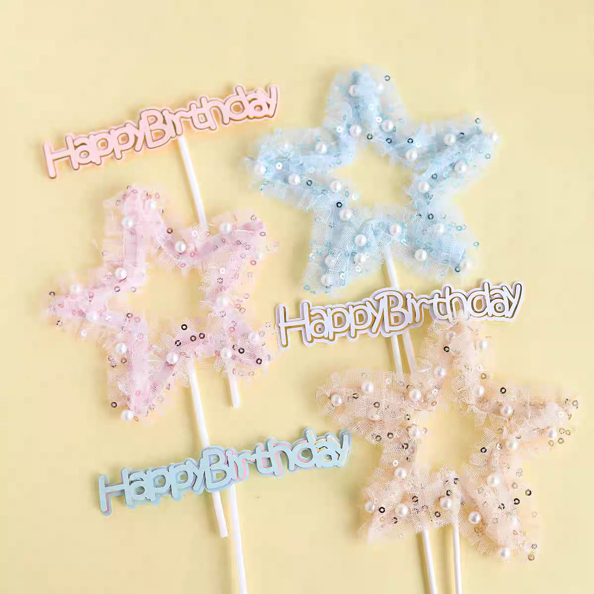 Bakewareind Happy Birthday Star Cake Decoration Cake Topper, 2Pcs (Select color)