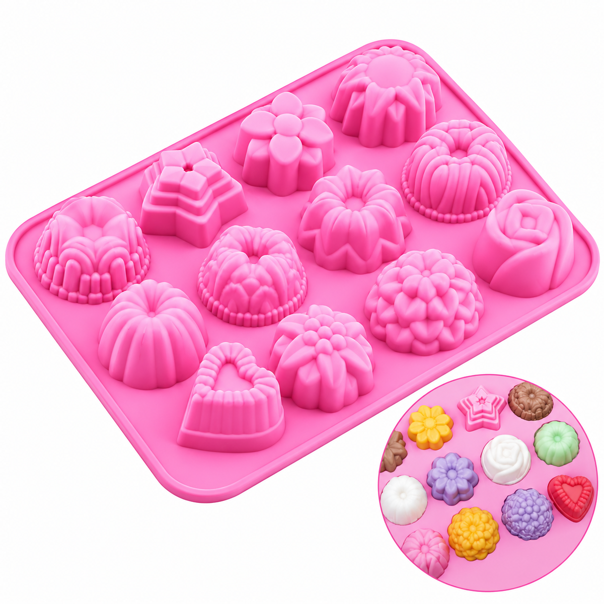 Bakewareind Assorted Floral Mini Bundt Silicone Fondant Chocolate Mould, 12 Cavity