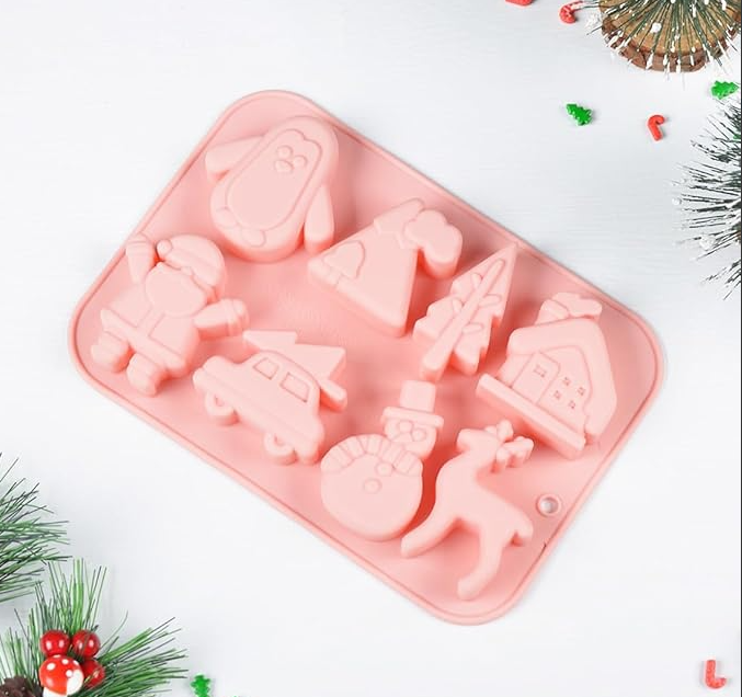 Bakewareind Christmas house, pine tree Design Chocolate Candle Silicone Mould, 8 cavity