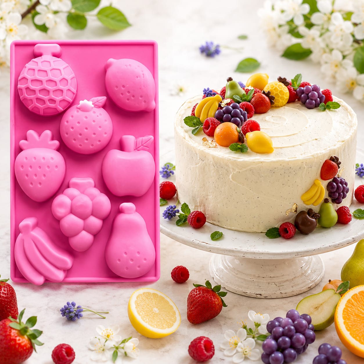 Bakewareind Fruits Strawberry, Banana, Apple, Lemon Soap Shape Resin Soap Silicone Mould, 8 Cavity