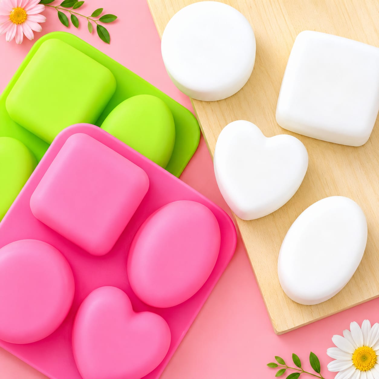 Bakewareind Geometric Heart, Oval, Round & Square Shape Silicone Resin Soap Mould, 4 Cavity