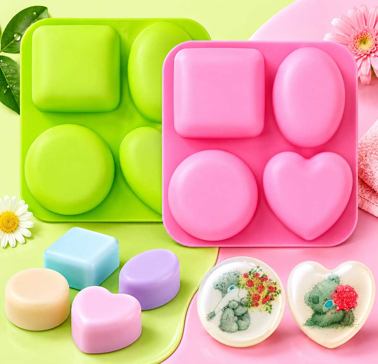 Bakewareind Geometric Heart, Oval, Round & Square Shape Silicone Resin Soap Mould, 4 Cavity