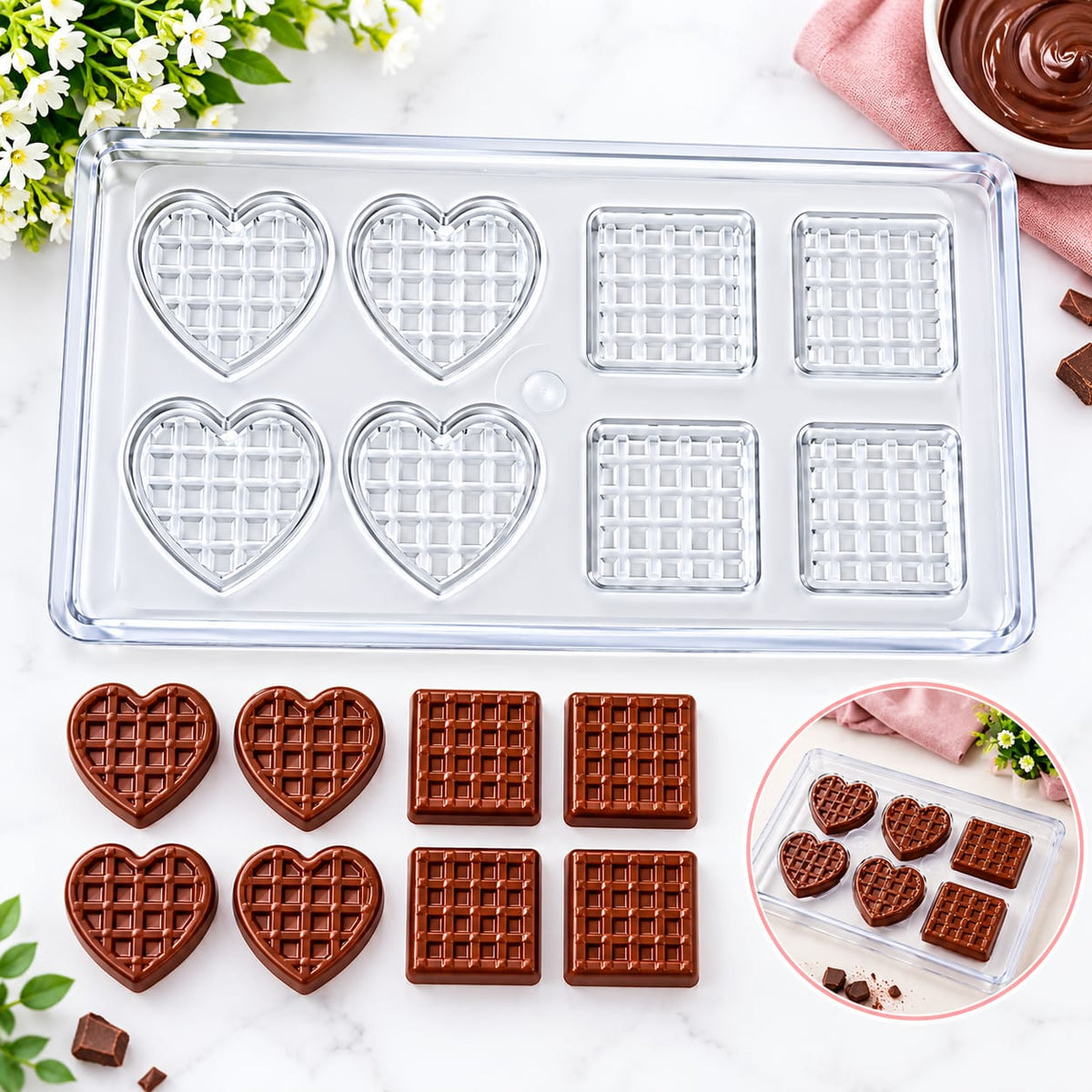 Bakewareind Waffle Pattern Square & Heart Polycarbonate Chocolate Mould, 8 Cavity
