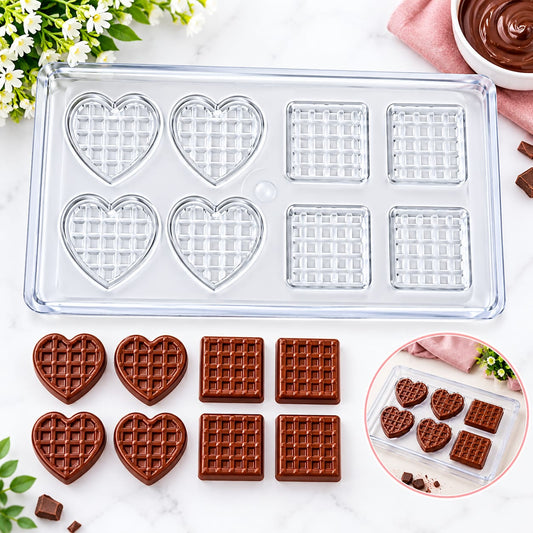 Bakewareind Waffle Pattern Square & Heart Polycarbonate Chocolate Mould, 8 Cavity