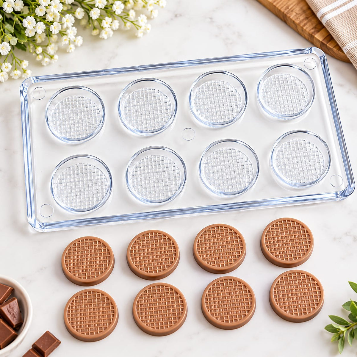 Bakewareind Round Waffle Polycarbonate Chocolate Mould, 8 Cavity
