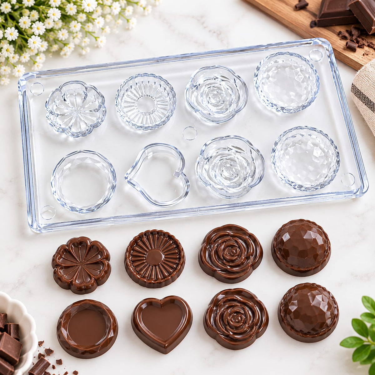 Bakewareind Assorted Pattern Rose, Flower, Heart & Geometry Design Polycarbonate Chocolate Mould, 8 Cavity