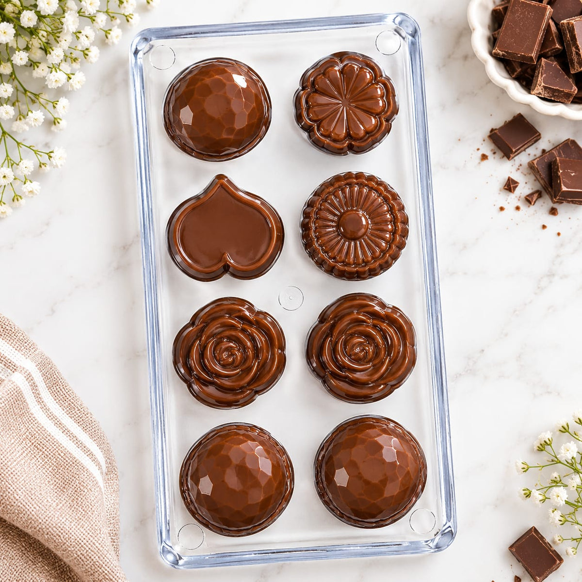 Bakewareind Assorted Pattern Rose, Flower, Heart & Geometry Design Polycarbonate Chocolate Mould, 8 Cavity