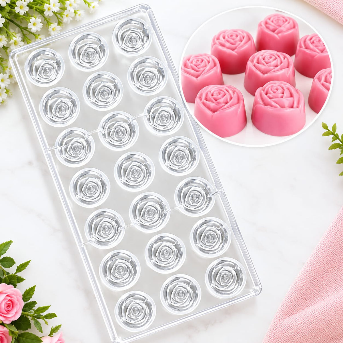 Bakewareind 3D Rose Polycarbonate Chocolate Mould, 21 cavity
