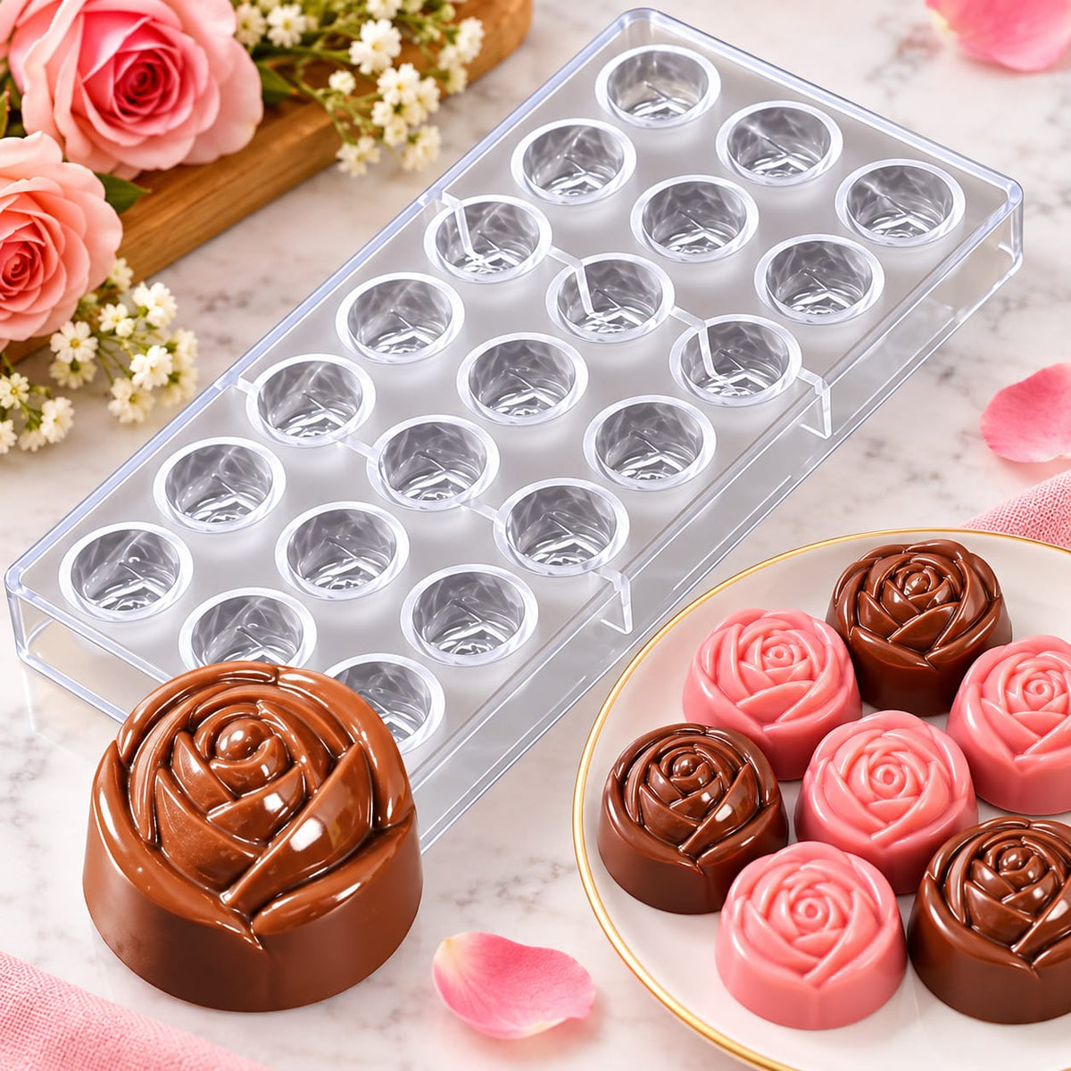 Bakewareind 3D Rose Polycarbonate Chocolate Mould, 21 cavity