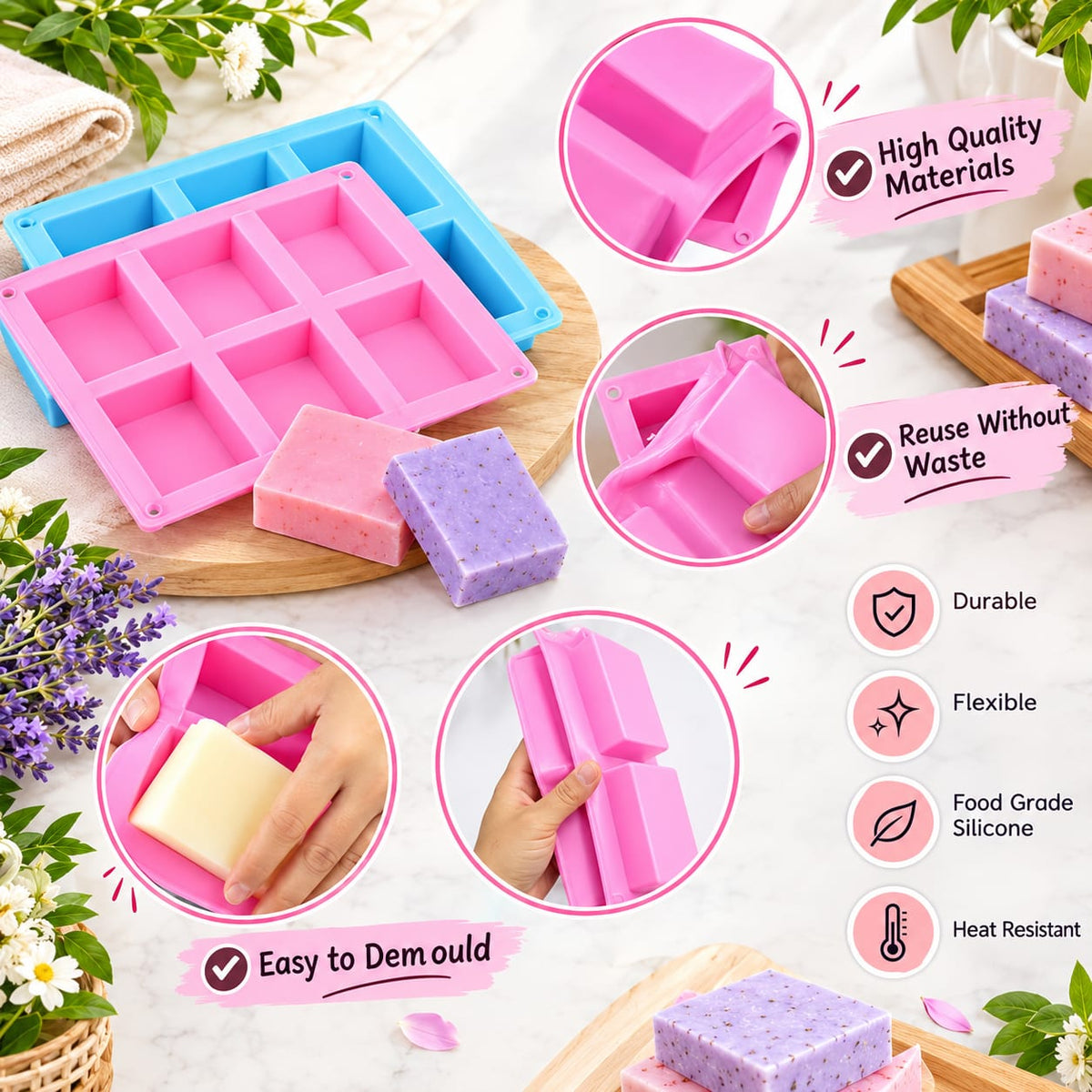 Bakewareind Rectangle Silicone Soap Mould, 6 Cavity