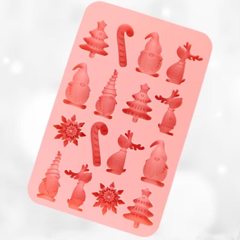 Lyba Moulds Christmas Tree Snowman Snowflake Candy Cane Christmas Theme Chocolate Fondant Silicone Mould, 16 Cavity