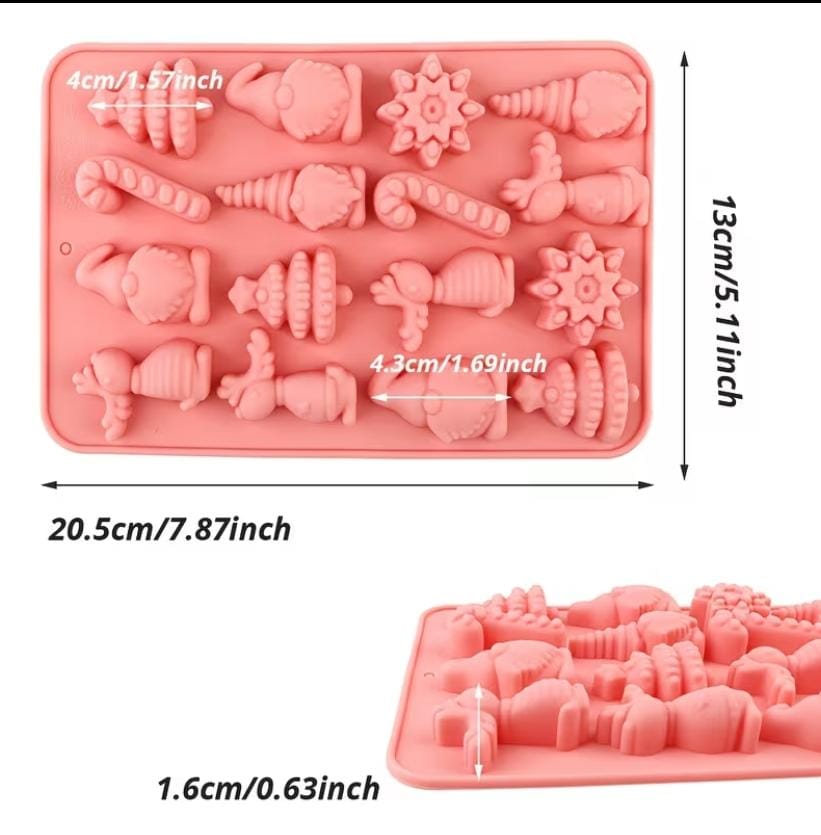 Lyba Moulds Christmas Tree Snowman Snowflake Candy Cane Christmas Theme Chocolate Fondant Silicone Mould, 16 Cavity