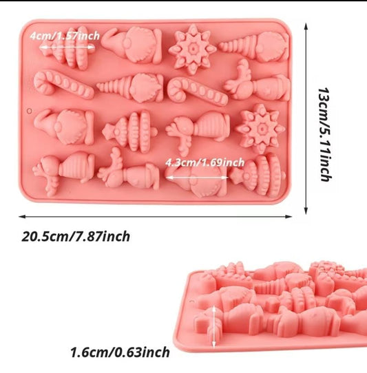 Lyba Moulds Christmas Tree Snowman Snowflake Candy Cane Christmas Theme Chocolate Fondant Silicone Mould, 16 Cavity