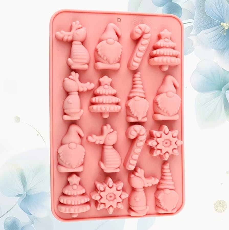 Lyba Moulds Christmas Tree Snowman Snowflake Candy Cane Christmas Theme Chocolate Fondant Silicone Mould, 16 Cavity