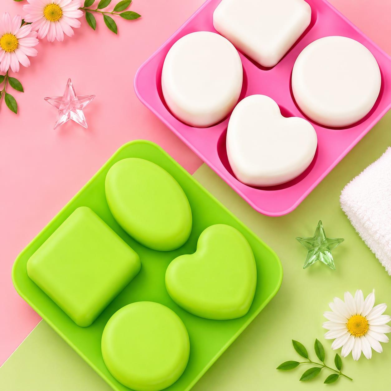 Bakewareind Geometric Heart, Oval, Round & Square Shape Silicone Resin Soap Mould, 4 Cavity