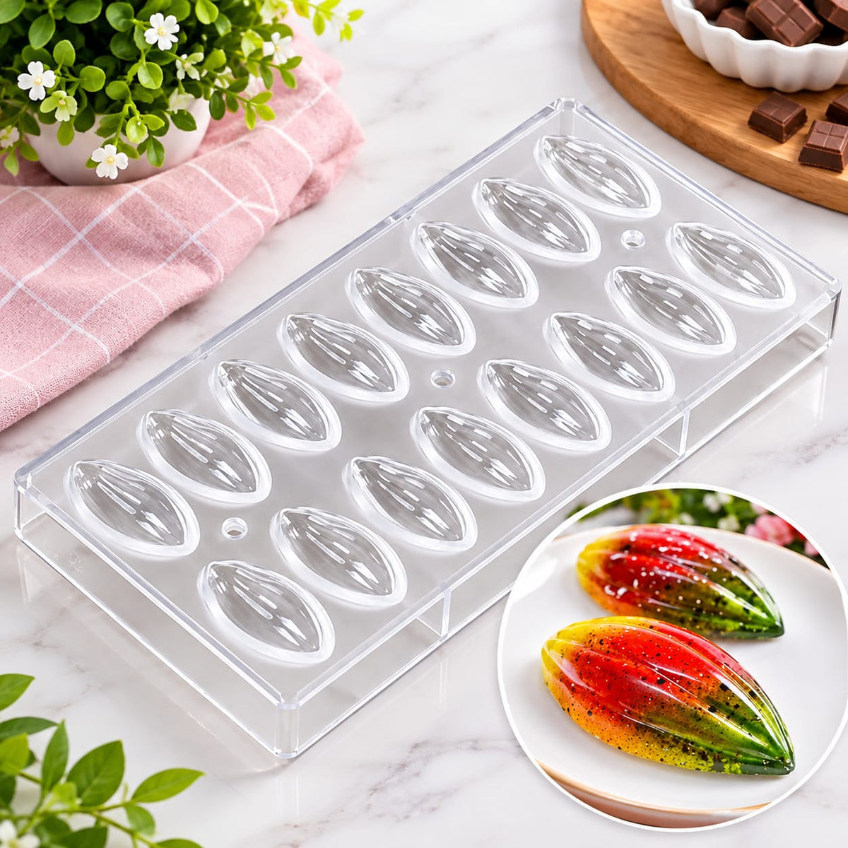 Bakewareind 3D Olive Fruit Lotus shape polycarbonate chocolate mould, 16 cavity